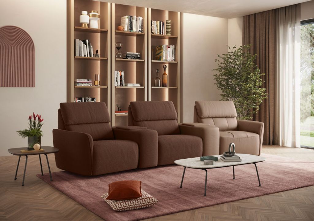 Versatile modular home theatre sofa with storage arm units - chocolate  fabric - Natuzzi Editions - Furniture & Furnishing