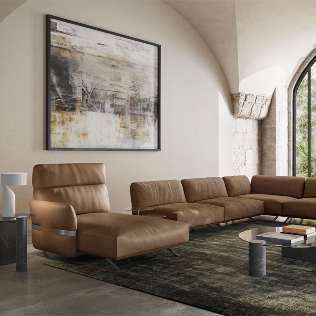 Pablo modular corner sofa with chaise longue and table element - dove  leather - Natuzzi Italia - Furniture & Furnishing