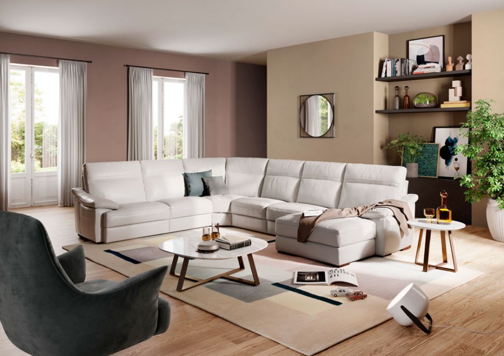Pazienza modular corner sofa with chaise longue - white leather - Natuzzi  Editions - Furniture & Furnishing