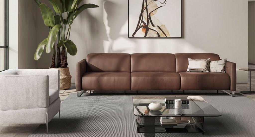 Sophy Three Seaters Sofa With Relax, Brown Leather Fold Out Couch